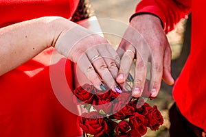 Newly wed couple`s hands with wedding rings