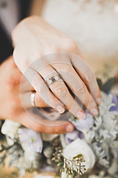 Newly wed couple's hands with wedding rings