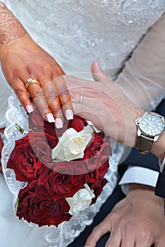 Newly wed couple`s hands with wedding rings.