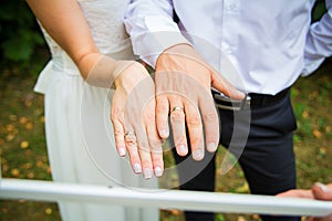 Newly wed couple& x27;s hands with wedding rings