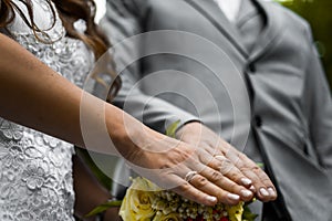 Newly wed couple`s hands with wedding rings