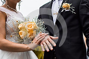 Newly wed couple`s hands with wedding rings