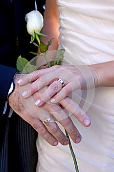 Newly wed couple showing off rings photo