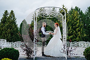 Newly wed couple standing under white metal arches in a park, holding hands