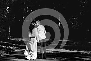 The newly-weds kiss while walking around the park