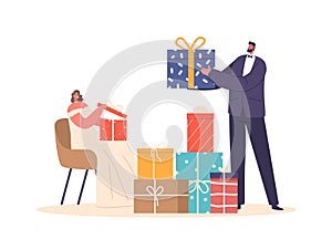 Newlywed Characters Eagerly Unwrap Gifts Sharing Joyful Moments As They Reveal Thoughtful Presents, Vector Illustration