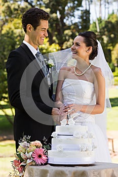 Newlywed couple cutting wedding cake at park