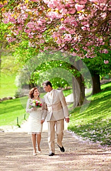 Newlywed couple having a stroll in park at spring