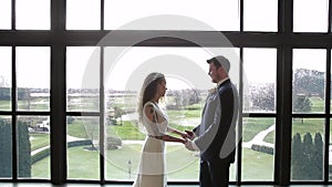 Newlywed couple holding hands in front of a vista. HD 24FPS.