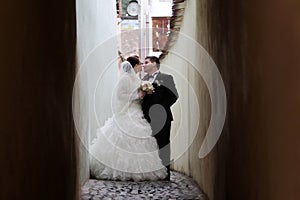 Newlywed couple about to kiss