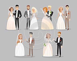 Newlywed couples flat vector illustrations set. Wedding day bride and groom standing and smiling cartoon characters pack
