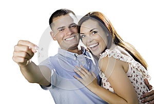 Newlywed Military Couple with House Keys Isolated on White