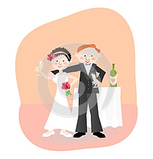 Newlyweds: bride and groom with champagne