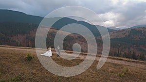 Newlyweds bride groom walking on mountain slope, making a kiss, wedding couple family, aerial view