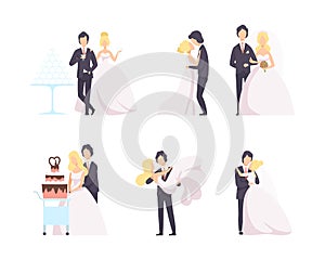 Newlyweds Couple as Just Married Male and Female in Wedding Dress and Suit Cutting Cake and Dancing Vector Set