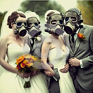 Newlyweds in Gas Masks, Oil Paint, Generative AI Illustration