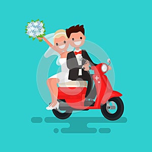 Newlyweds go on a red moped. Vector illustration