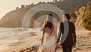 Newlyweds joyfully walk on serene beach surrounded by the breathtaking beauty of nature