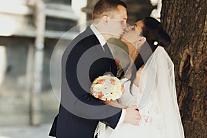 Newlyweds kiss under the tree somewhere in the city