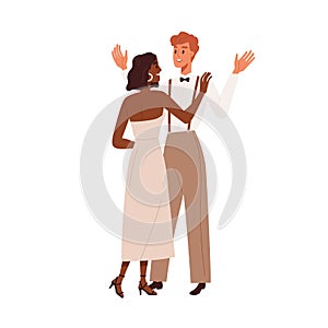 Newlyweds, love couple of man and woman. Marriage of happy bride and groom. Interracial wedding. Biracial husband and