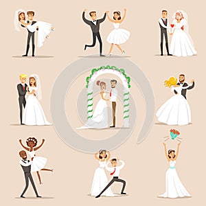 Newlyweds Posing And Dancing On The Wedding Party Set Of Scenes