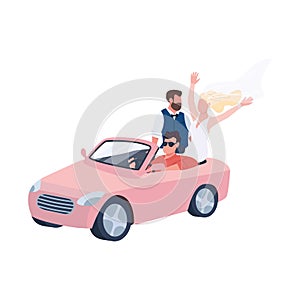 Newlyweds riding in car flat color vector faceless characters