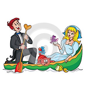 newlyweds are sailing on a boat, the groom is rowing an oar, the bride is holding a bird in her hands and between them is a scared