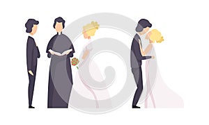 Newlyweds at Wedding Ceremony Set, Happy Couple Celebrating Marriage, Bride and Groom Kissing Flat Vector Illustration