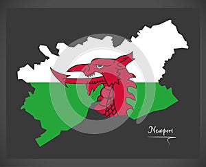 Newport Wales map with Welsh national flag