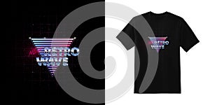 Newretrowave. Stylish t-shirt and apparel retro design with NewRetrowave metallic and neon inscription on blue and pink photo