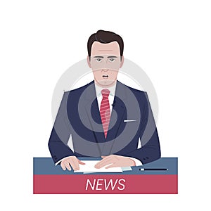 News anchor. Cartoon white male newsreader character. Vector illustration