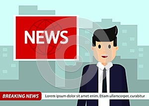 News Anchor on TV Breaking News background. Man in suit and tie. vector illustration in flat design.
