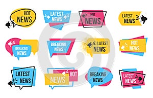 News badge. Promotion stickers with megaphone and text bulb, breaking news announcement. Vector newspaper tags