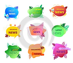 News badge set with megaphone. Promotion banners, label with text bulb, breaking, hot, latest new