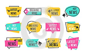 News badges. Newspaper and magazine braking latest and hot news stickers. Vector announcement geometric banners