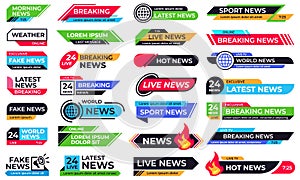 News banner. Breaking header, 24 live news and sport bar banner templates vector set