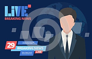 News breaking concept. Leading newsreader news program, daily live tv broadcast entertainment reportage coverage global