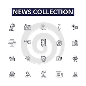 News collection line vector icons and signs. Reporting, Journaling, Curating, Periodicals, Scraping, Digitizing