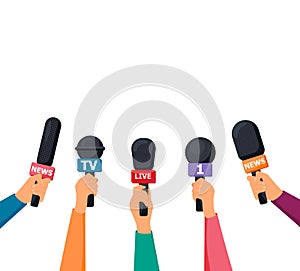 News concept with microphones. Broadcasting, interview and communication vector banner with handa holding microphones.
