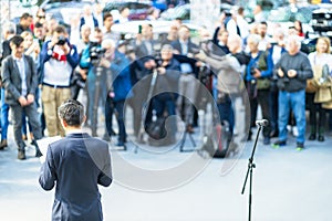 News conference, publicity event or presentation. Public speaking concept.