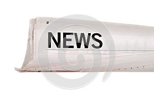 News headline, rolled up newspaper isolated on white background