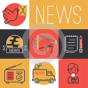 News icons vector journalist man character with microphone for TV interview on broadcasting van backdrop illustration