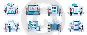 News and journalism. News reporters and talk show hosts cartoon characters, scenes for online newspaper and mass media photo
