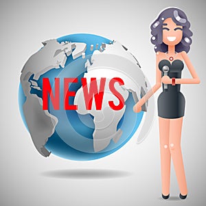 News Journalist Reporting Reporter Female Girl Character Mass Media Symbol on World Globe Background Design Template