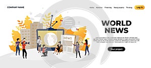 News landing page. Mass media and online news source web page concept, content creating and interview recording. Vector