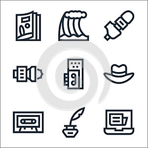 News line icons. linear set. quality vector line set such as laptop, feather pen, cassette, fedora hat, voice recorder, camera,