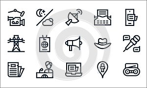 News line icons. linear set. quality vector line set such as radio, laptop, newspaper, interview, reporter, fedora hat, typing,