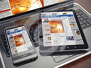 News. Media concept. Laptop, tablet pc and smartphone