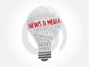 News & media light bulb word cloud collage, concept background