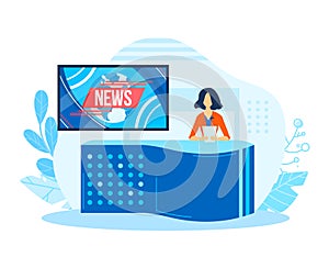News media on tv, television broadcast studio, vector illustration. Live broadcast with woman, reporter profession